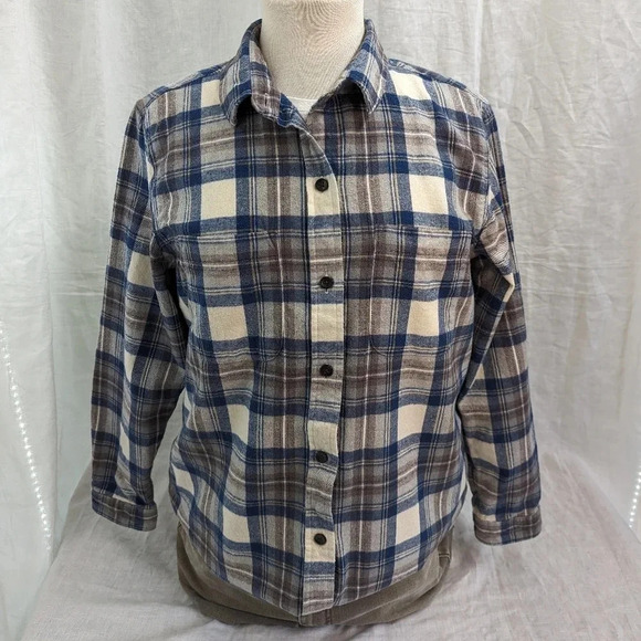 L.L. Bean Relaxed fit flannel blue, brown and cream size medium women's A13 - Picture 2 of 9